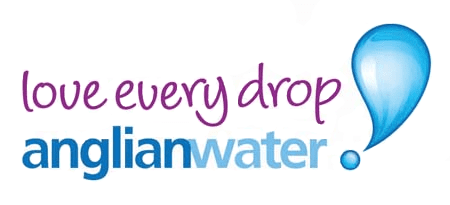 Anglian water logo purple and blue text with a water droplet