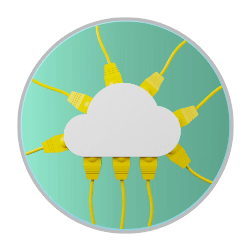 Round icon of a cloud with many wires plugged in - representing carbon reduction