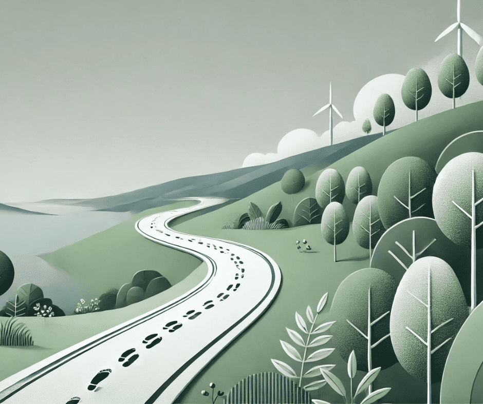 an illustration of a winding road with wind turbines in the background