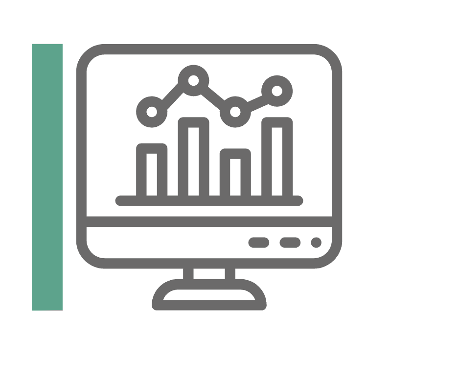 an icon of a computer monitor with graphs on it. Grey with thick vertical green line to the left of the icon.