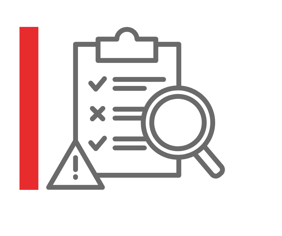 checklist and magnifying glass icon. Grey with thick vertical red line to the left of the icon