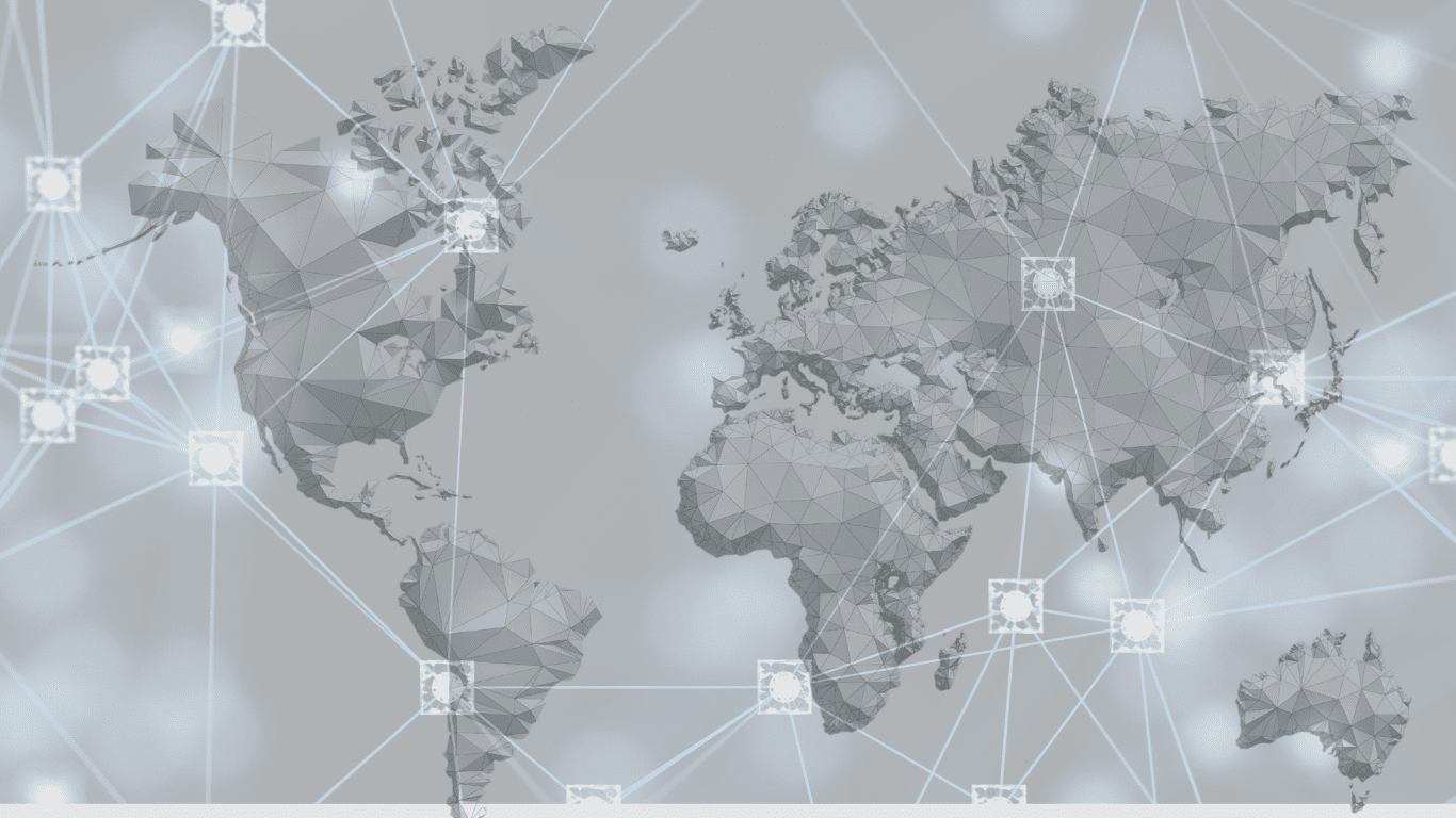 world map on a dark green background and a an overlay of interconnected line to demonstrate a global supply chain