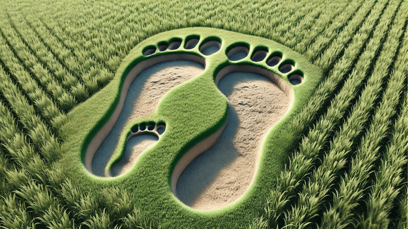 a pair of footprints in the middle of a green field