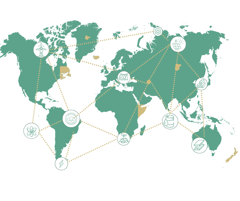 green world map with interlinking energy icons and dotted lines to connect in gold